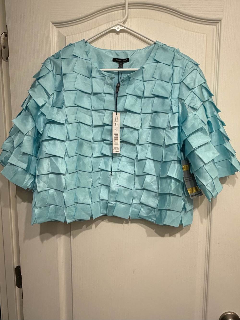 Samuel Dong Aqua Textured Cropped Short-Sleeve Blazer
